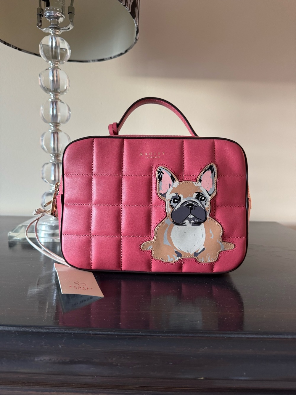 NWT RADLEY LONDON Quilted Pink Crossbody Bag with French Bulldog Appliqué